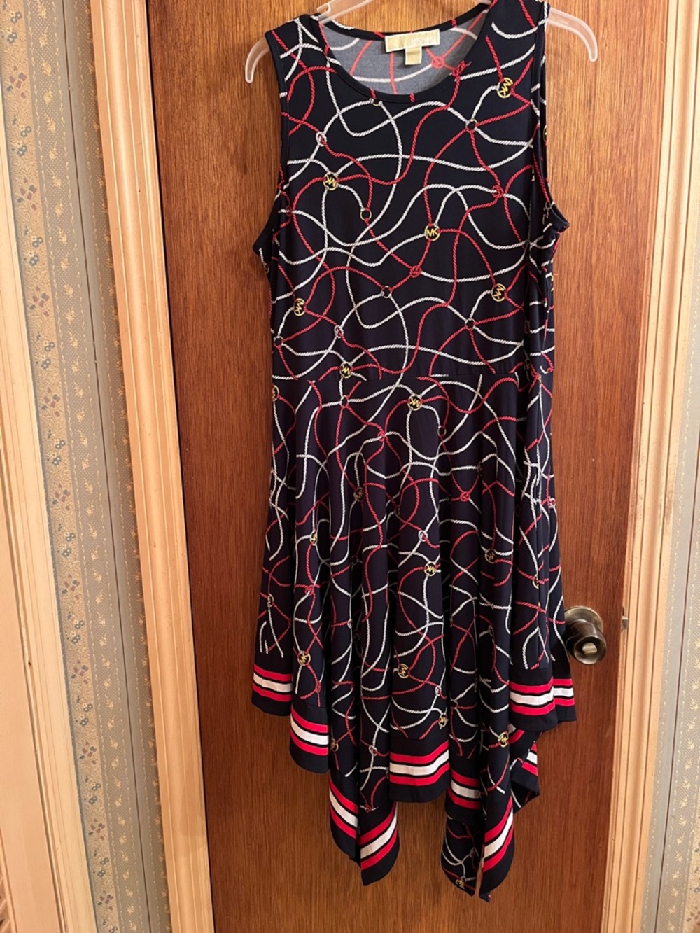 Michael Kors Sleeveless Navy Dress Red & White Rope Print and Stripe Hem Size L